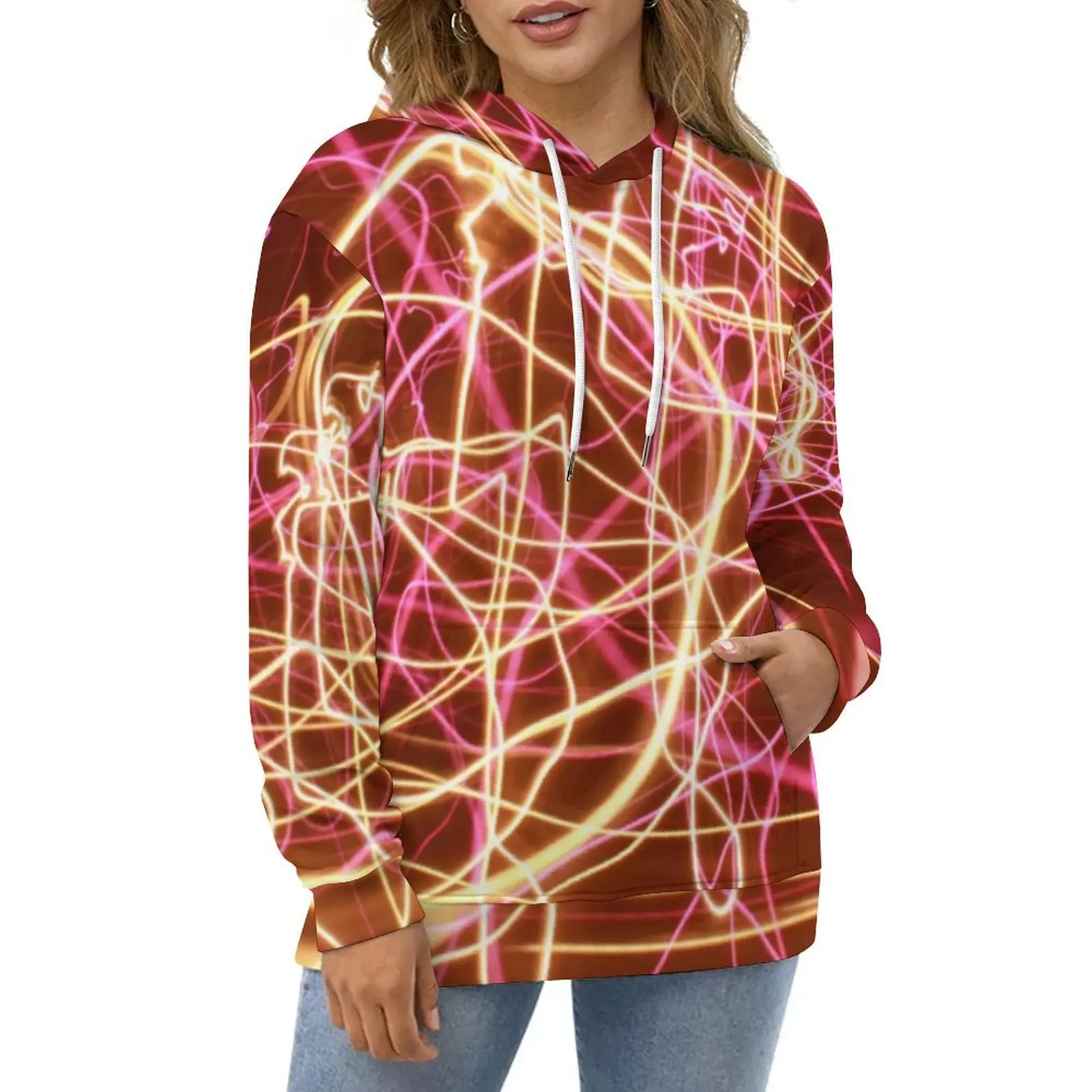 

Fluorescent Lines Casual Hoodies Abstract Print Modern Design Loose Hoodie Winter Long Sleeve Hip Hop Oversized Clothing