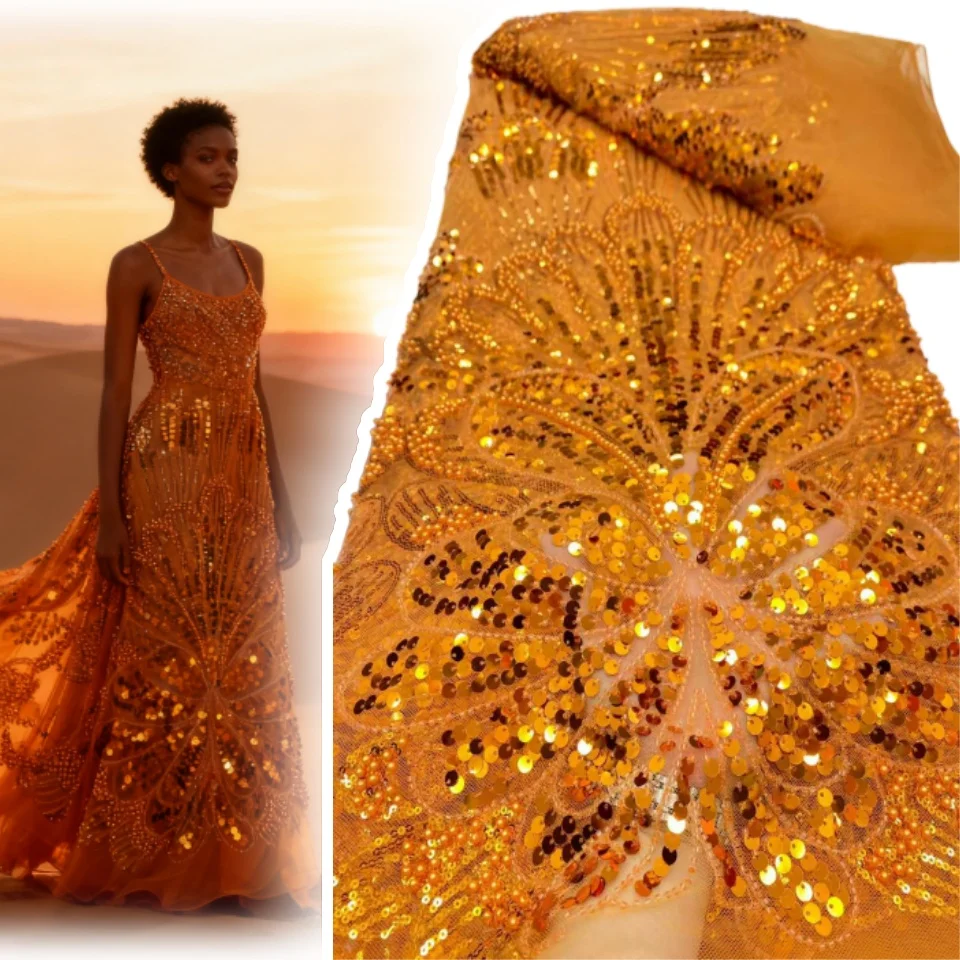 

5Y Hot African Sequin Beaded Lace Fabric 2026 High-Quality Nigerian Lace Fabric for Women's Wedding Gown Sewing Material 1889