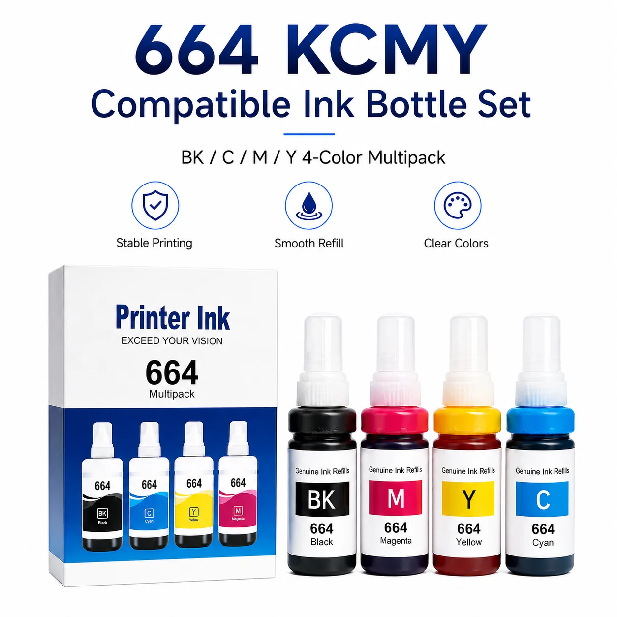 

Ink Bottle Set for Epson 664, Compatible BK C M Y Refill Ink, Smooth Refill and Clear Colors