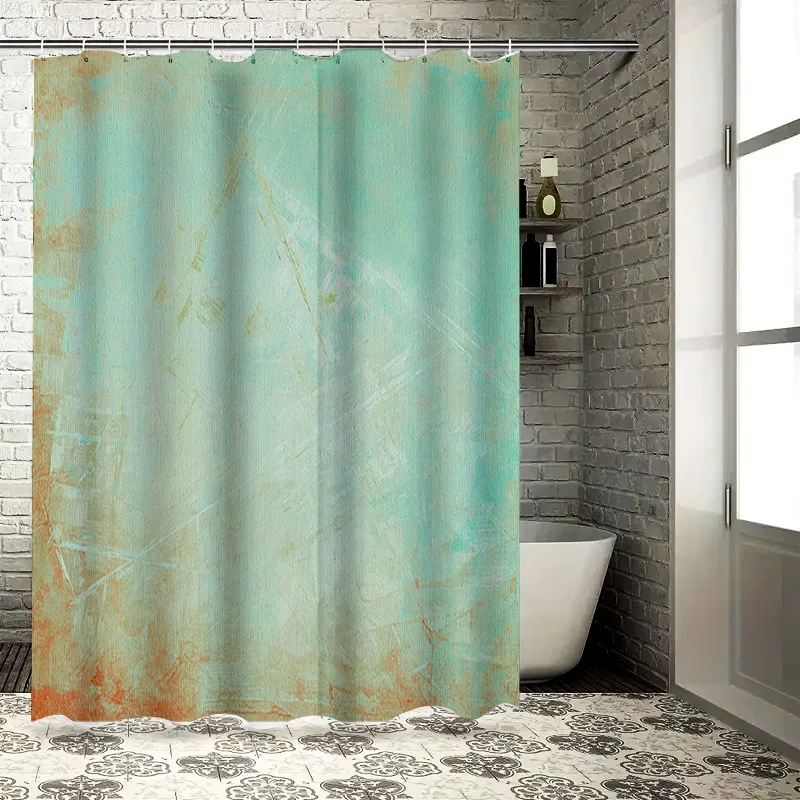 

Vintage-inspired shower curtain set with teal base color and rust-like accents; perfect for adding a touch of rustic charm to yo