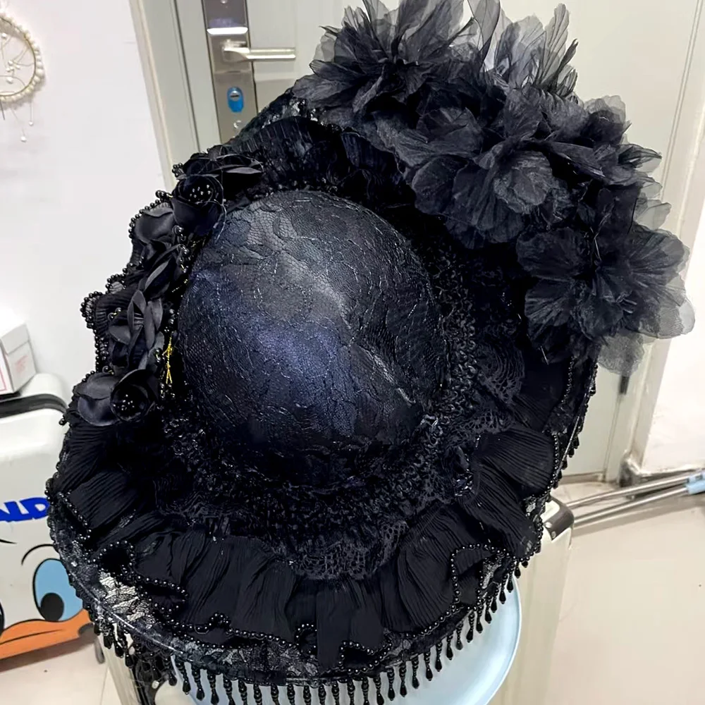 Steampunk Handmade Lace Vintage Bandage Bow Wizard Hat Adult Gothic Lolita Cosplay Costume Halloween Party Bucket hat
