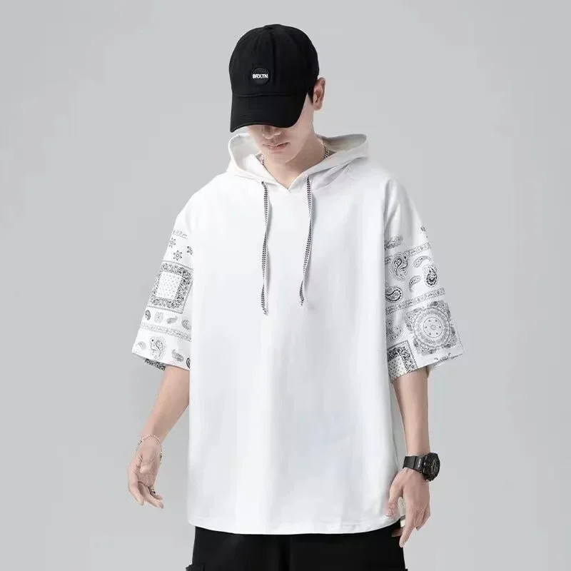 

Summer 2024 New Men's Hooded Short sleeved Shirt Loose Casual T-shirt Korean Versatile Youth Fashion Hoodie Large