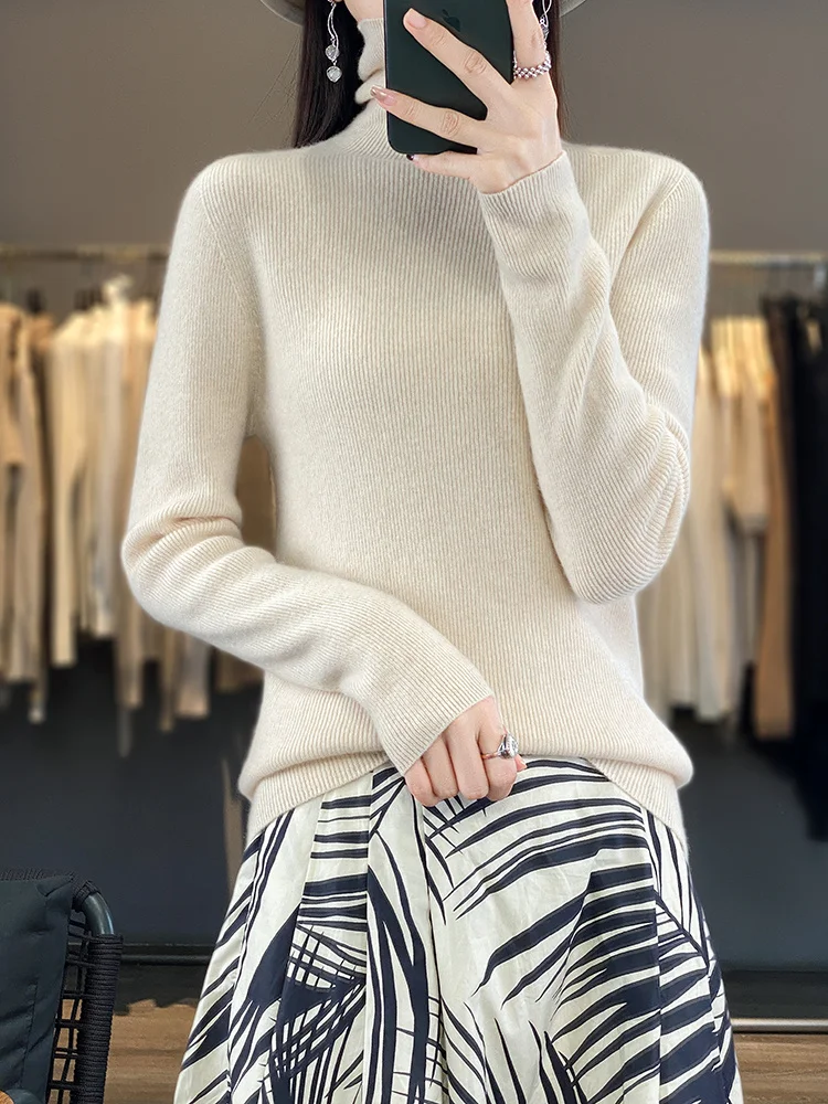 

Autumn Winter Women Basic Pullover Turtleneck Slim Elastic Sweater 100% Merino Wool Knitwear Simple Style Jumper Tops