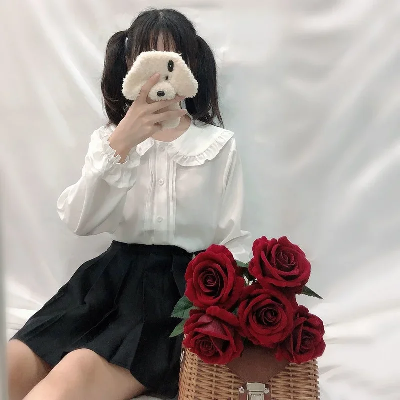 White Shirt Women Kawaii Peter Pan Collar Blouses Button Up Long Sleeve Cute Ruffle Tops Lolita Style Mori Girl Aesthetic