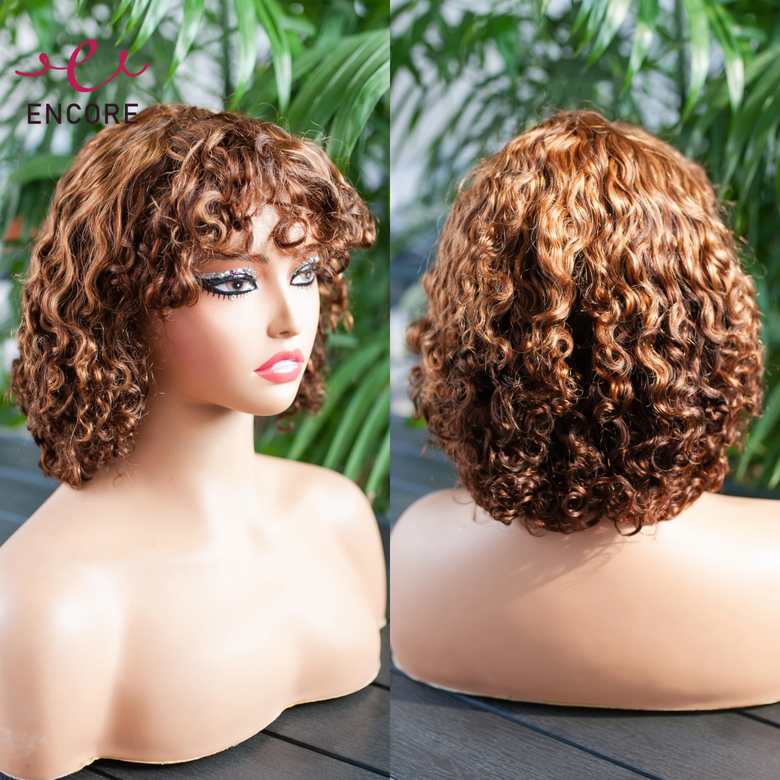 

200% Плотность Выделите Ombre Полностью машинное производство Парик с волнистыми волосами с челкой Короткие вьющиеся человеческие волосы Боб Парики 12 дюймов для женщин