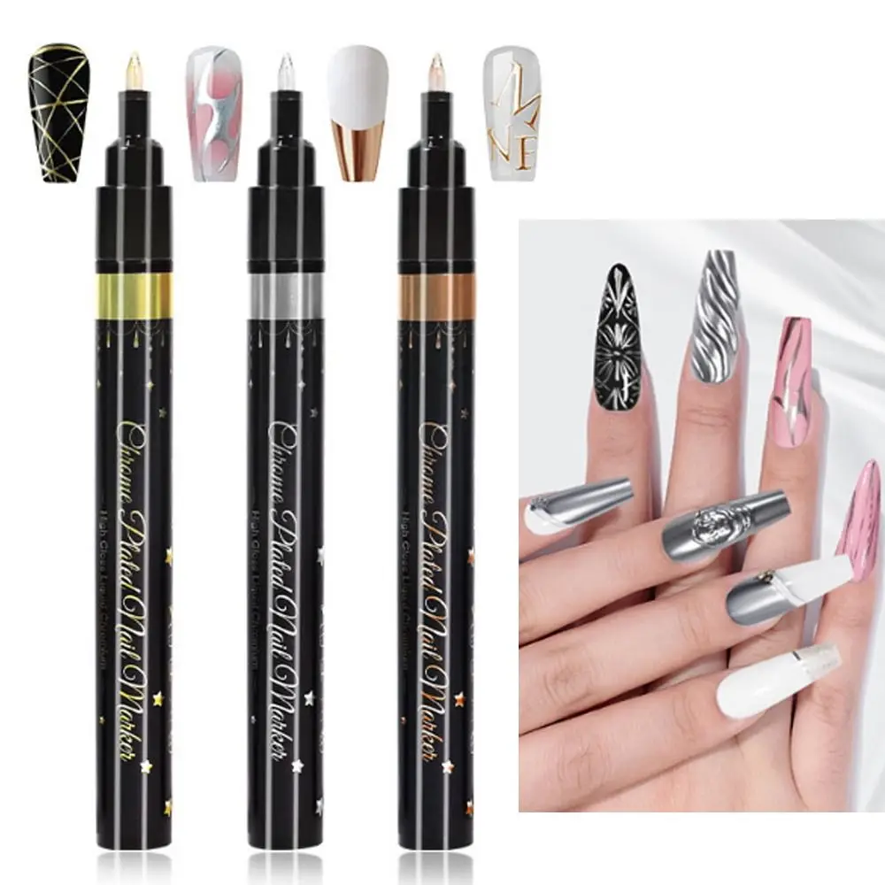 High Pigment Gel Polish Pen Metallic Silver Chrome Gold Chrome Nail Polish Pen Waterproof Long Lasting