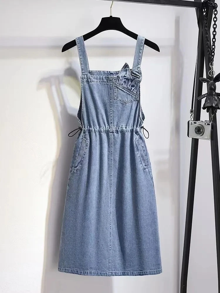 Cowboy Strap Dress Sets Women\'s Mid-Long Sleeveless Jeans Dress 2025 Summer New Korean Style Denim Suspenders Dress Suit 2PCS