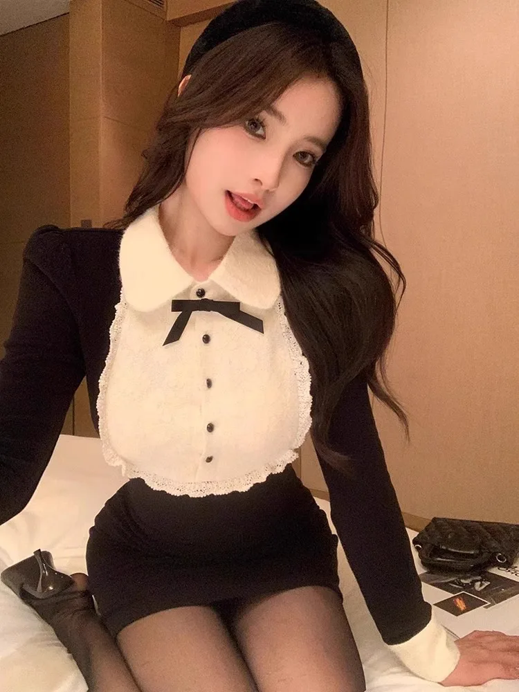 Sweet Black White Long Sleeve Sresses 2024 Spring New Slim Waist Dress for Women Y2k Grunge Fit Bodycon Vestidos Mujer