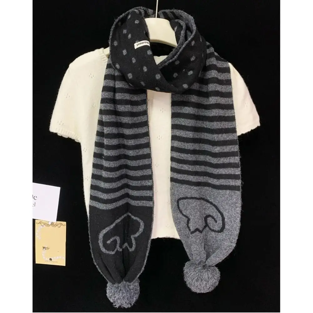 ผ้าพันคอไหมพรมลายทางแฟชั่นฤดูใบไม้ร่วงฤดูหนาว สไตล์เกาหลี Y2K ผ้าพันคอผู้หญิงลายจุด อุ่นคอ ของขวัญ