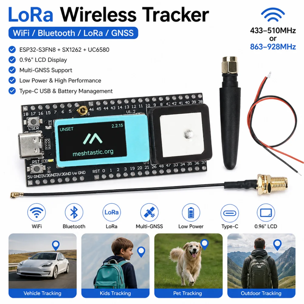 Traceur sans fil LoRa, traceur avec écran LCD de 0,96 pouce, compatible Wi-Fi/Bluetooth/LoRa/GNSS/GPS, adapté au suivi de véhicules, etc.