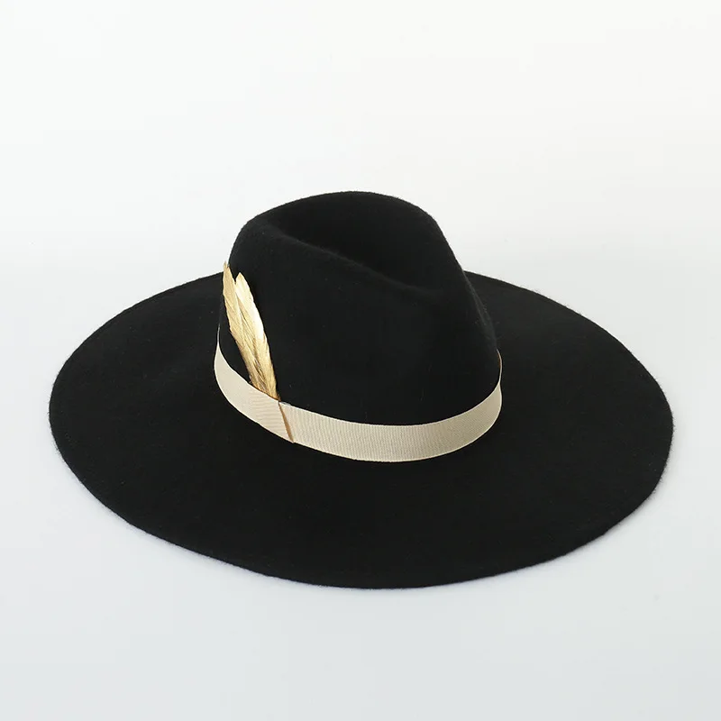 Autumn and Winter New British Retro Feather Decorated Wool Wide Brim Jazz Hat Stage Performance Jazz Hat