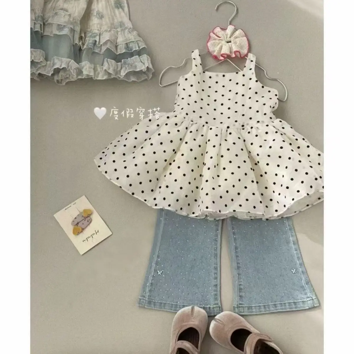 

2026 New Arrival Toddler Girl Lovely Dot Sundress Fitted Strap Mini Skirt Sparkling Jean Suit for 90-140cm