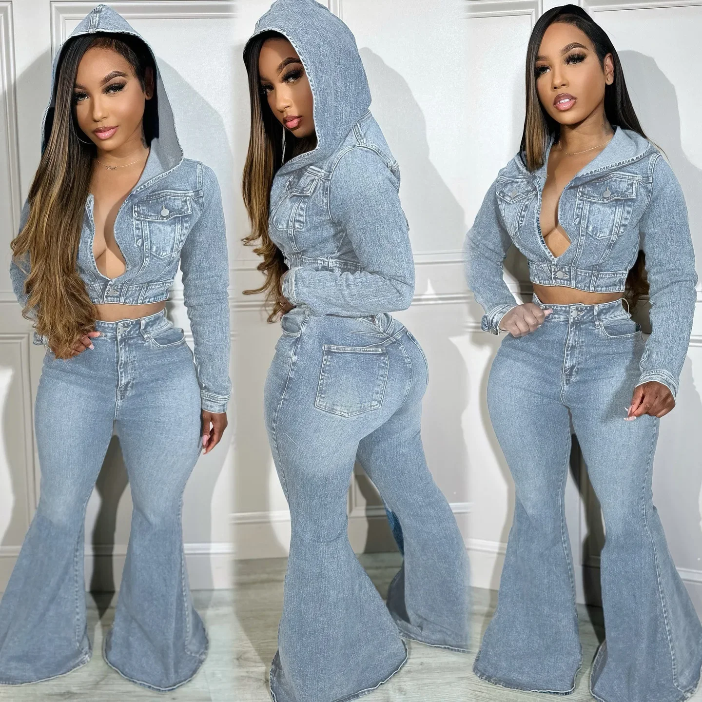 Denim Matching Flared Pants Set Vendors Jeans Outfits Street Jeans and Jacket Denim Two Piece Sets for Women