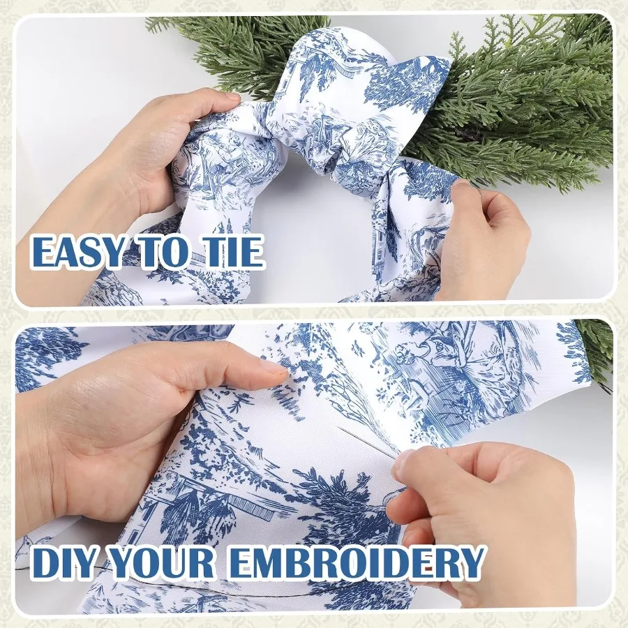 Blue Freh Toile Sash for Wreaths 2 Pcs Rustic Wreath Sashes for Front Door Kitchen Cabinet Wreath Sash for Monogram Embroidery