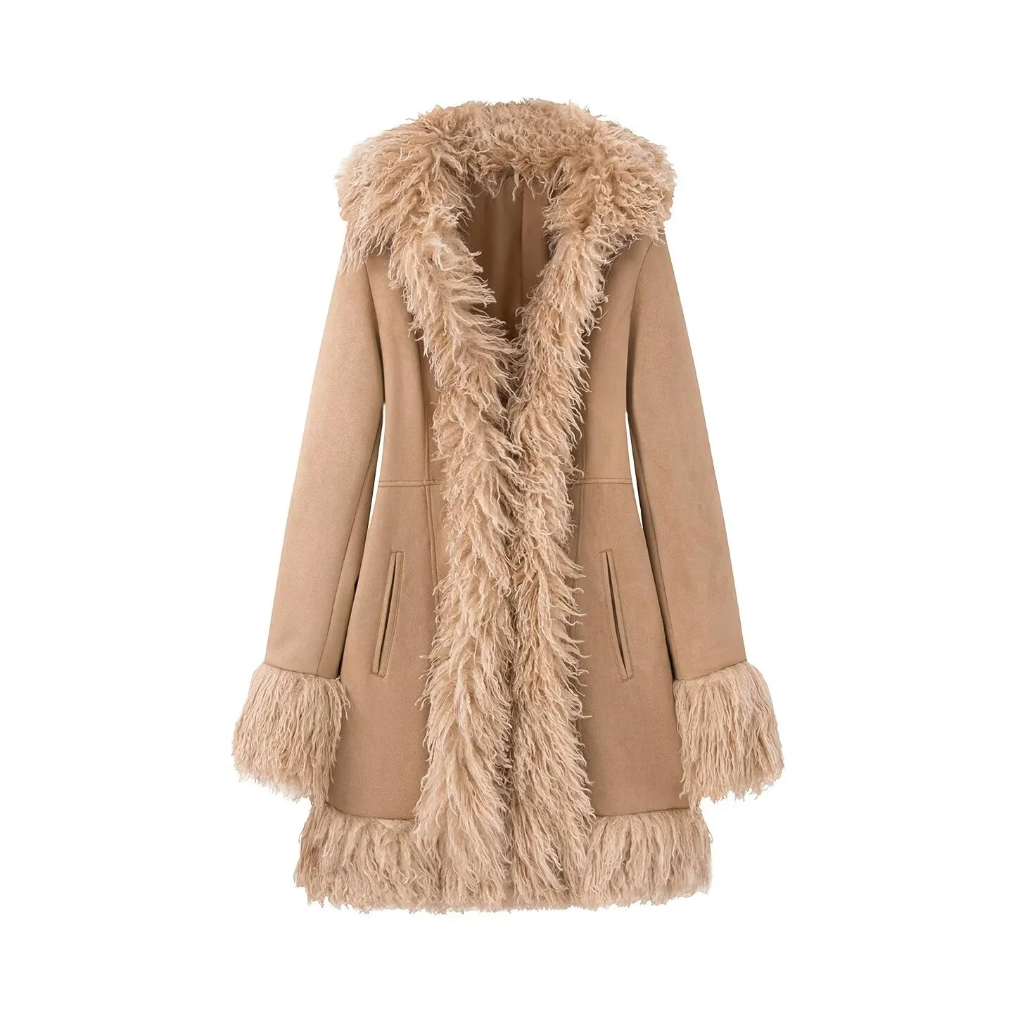 

2025 Winter New Women's Casual Fashionable Simple Elegant Versatile Suede and Fur Patchwork Mid-Length Coat