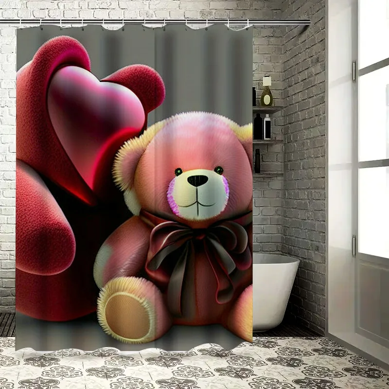 Cute Teddy Bear Shower Curtain - Waterproof Fabric, Romantic Heart Design for Cozy Bathroom Decor, Perfect for Home