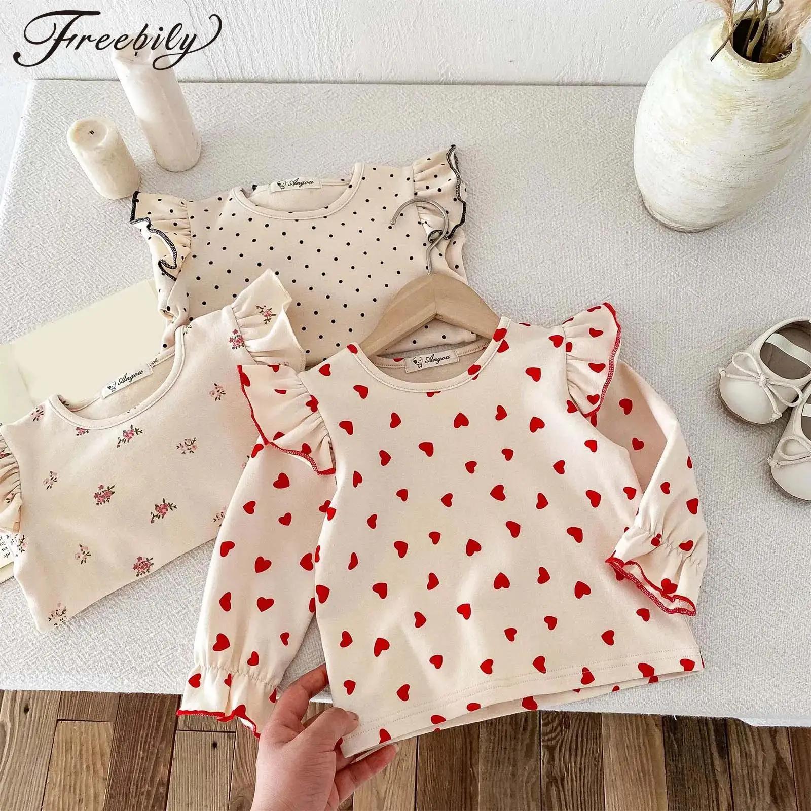 

Toddler Baby Girls Blouse Sweet Flower/Heart/Dot Printed Ruffles Pullover Top Long Puff Sleeve Casual T-shirt Tops Kids Clothes