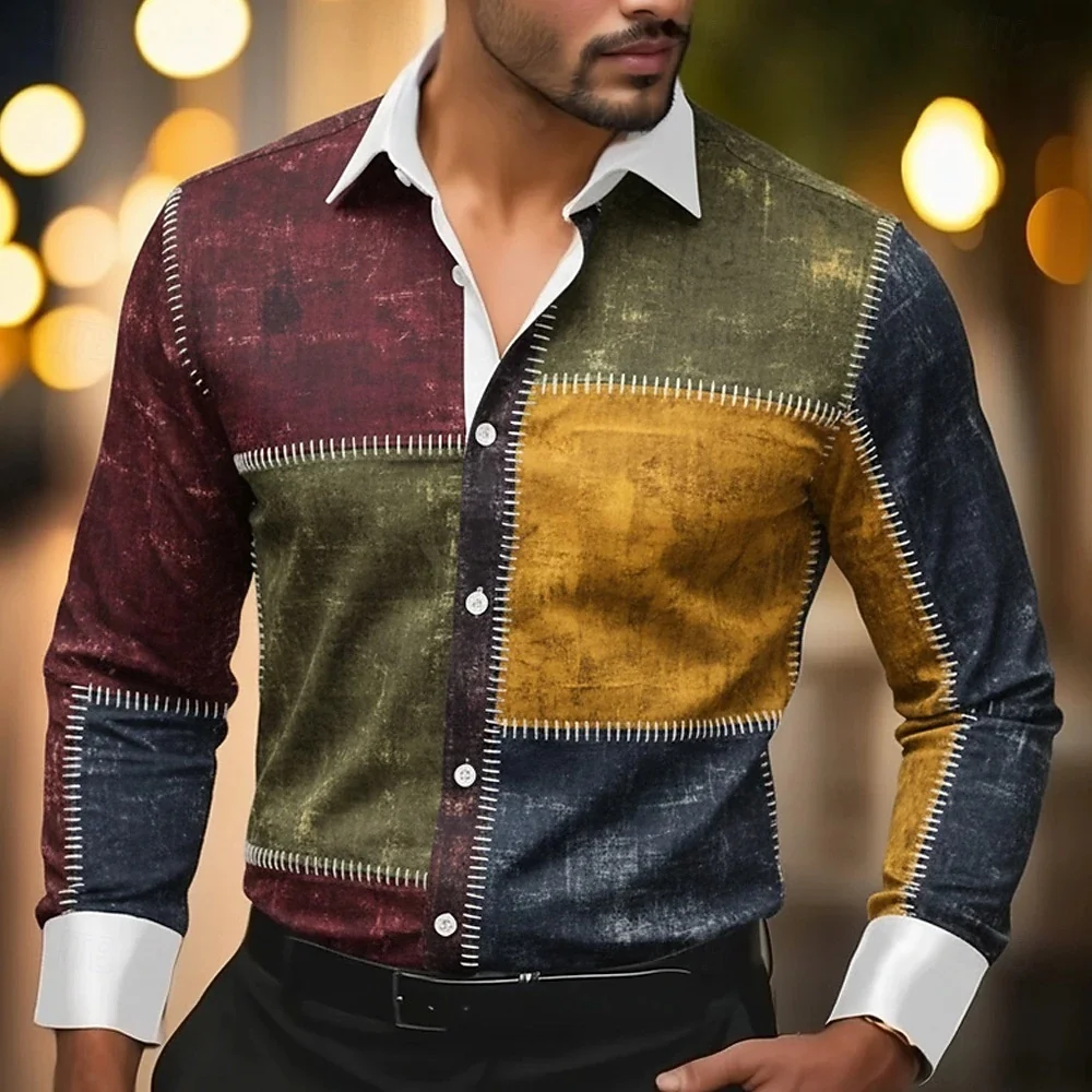 

Men's Mathematical Rainbow Splicing Long Sleeve Shirt 2025 Retro Vacation Casual Daily Summer Autumn 3D Printed Clothing