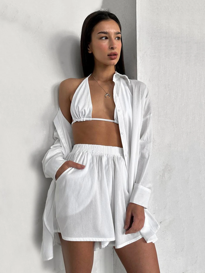 

Marthaqiqi White Female Nightgowns Suit Long Sleeve Pajamas Turn-Down Collar Sleepwear Lingerie Shorts Women Pyjamas 3 Piece Set