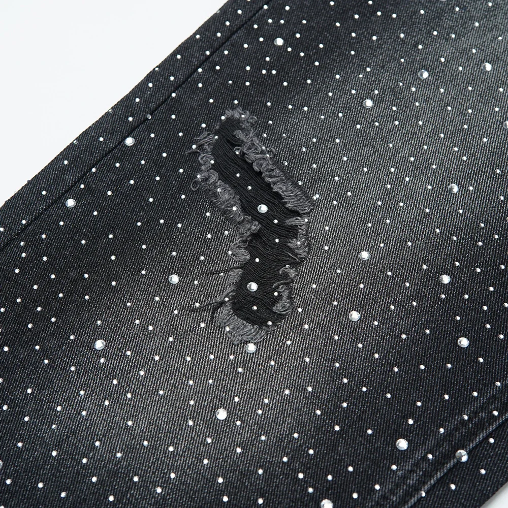 جديد الدينيم فضفاض ممزق الجينز مع أحجار الراين ريترو خمر شارع العليا نمط الهيب هوب مستقيم بنطلون الشارع الشهير الجينز للرجال