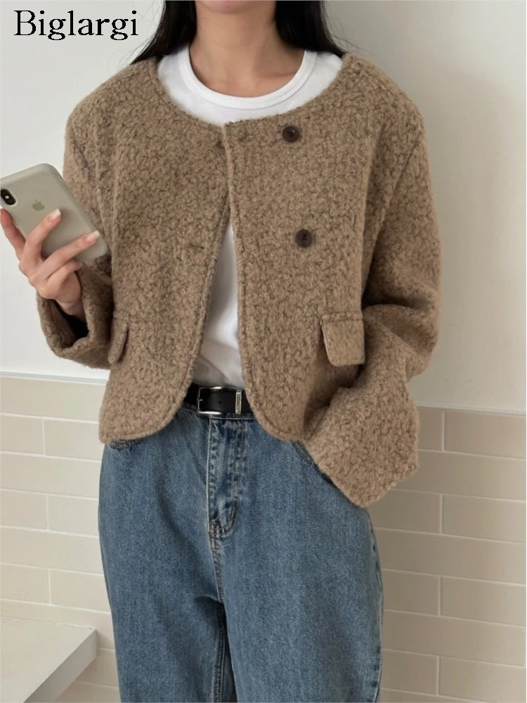 

Autumn Winter Woolen Coat Women Korean Style Loose Fashion Ladies Cropped Jackets Long Sleeve Woman Coats