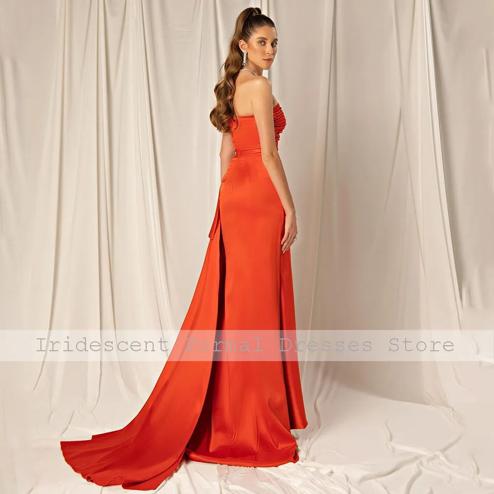 Orange Red Evening Dresses for Women Mermaid Strapless Satin Wedding Party Gowns Long Draped Pleated Formal Evening Dress 2026