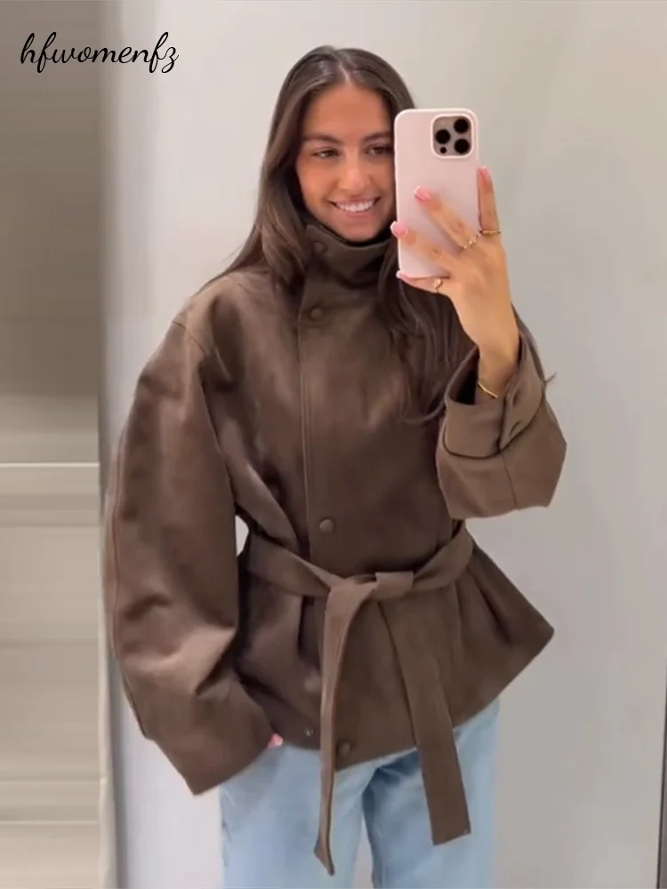 Vintage Damen Wildlederjacke mit Stehkragen, Langarm, seitliche Knöpfe, Schnürung, einfarbig, brauner Mantel, Herbst/Winter 2026, Damen-Oberbekleidung