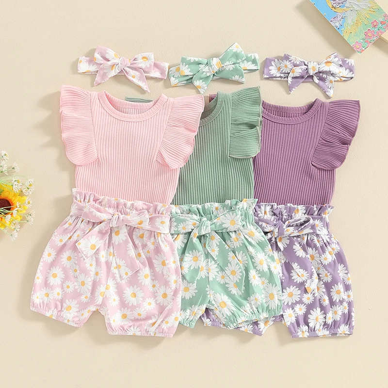 

2024-02-22 Lioraitiin 0-18M Baby Girls Summer Shorts Sets Short Sleeve Ribbed Romper Daisy Print Shorts Headband Sets