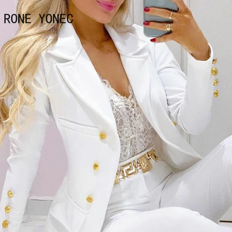 Women Solid Elegant button and pocket Notched  Collar Skinny White Blazer Sets