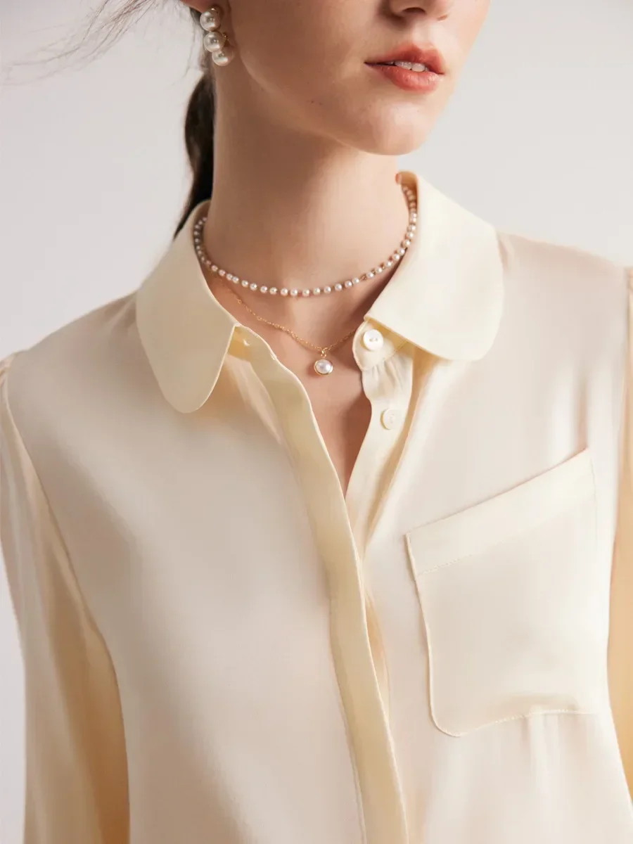 Suyadream camisas femininas sólidas 90% seda 10% elastano bolso no peito mangas bufantes blusas chiques 2023 outono inverno senhora do escritório topo azul