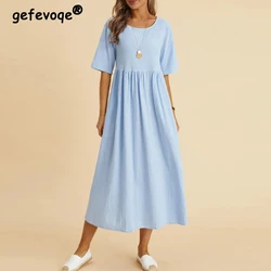Women Vintage Cotton Linen Breathable Midi Dress Y2K Summer Fashion Half Sleeve Solid Casual Dresses High Waist Elegant Vestidos