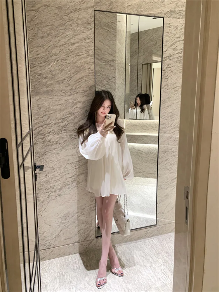 Sheer Mesh Pailletten Patchwork Beige Chiffon Super Mini Kleid Frühling Sommer Frauen Lange Laterne Hülse Kurze Lose Party Kleid