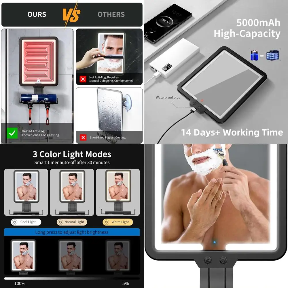 مرآة دش مضادة للضباب مع 3 أوضاع إضاءة، 9.5 × 7 بوصة، قابلة لإعادة الشحن، صينية تخزين وحوامل ماكينة حلاقة للحلاقة الخالية من الضباب #1