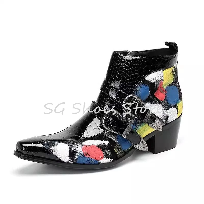 

Pointed Toe Chunky Heel Belt Buckle Ankle Boots Male Chelsea Boots Mixed Color Graffiti Prints Splicing Leather Shoes for Men