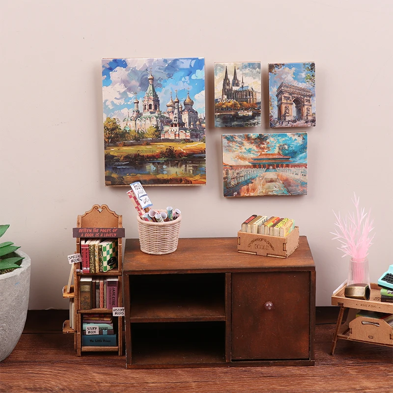 4Pcs/set 1/12 Dollhouse Simulation Oil Painting Mural Wall Picture Model Dollhouse Mini Living Room Decoration Micro Scene Decor