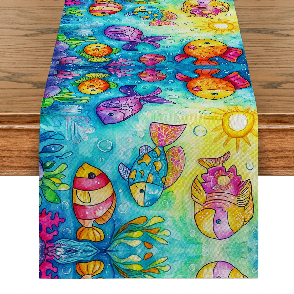 Marine Solar Coral Fish Table Runner Rustic Dining Table Decorations Table Runners for Wedding Party Coffee  Hotel Home Decor