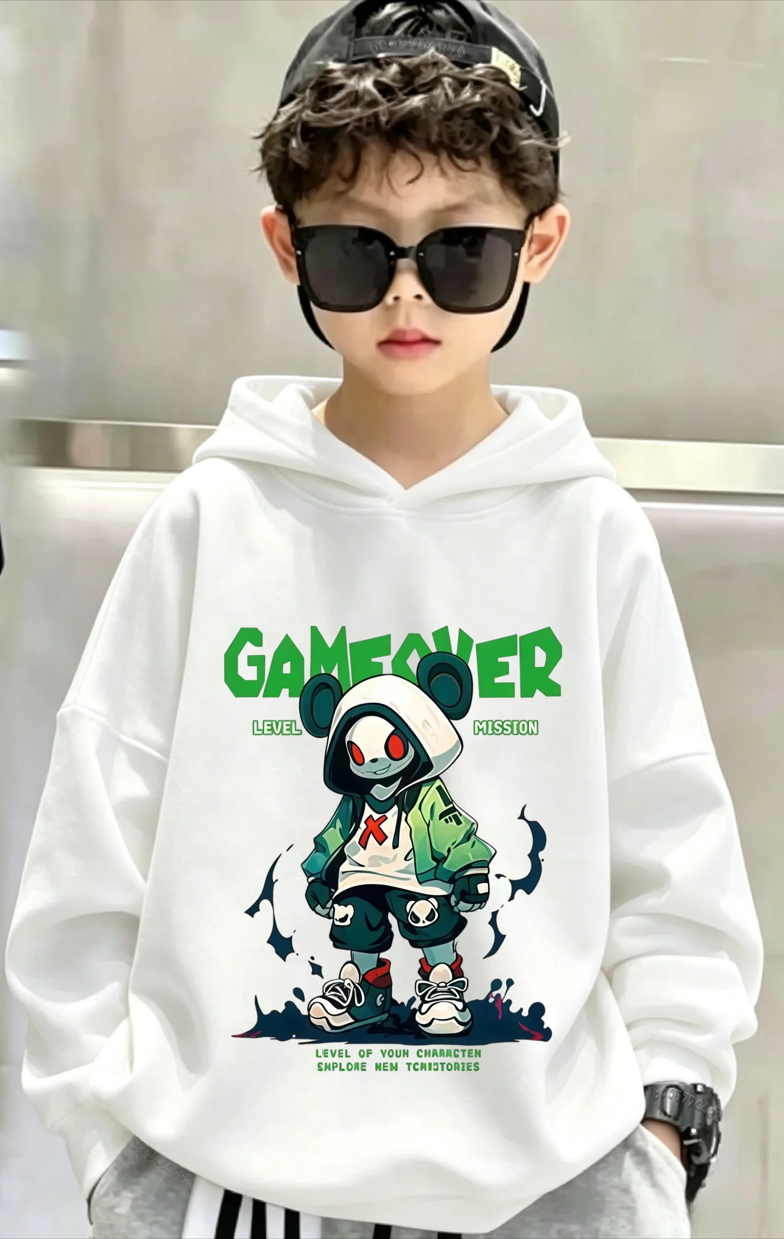 Retro children's loose-fitting hooded shirt with bear cartoon double-sided print for boys and girls, pullover hoodie shirt