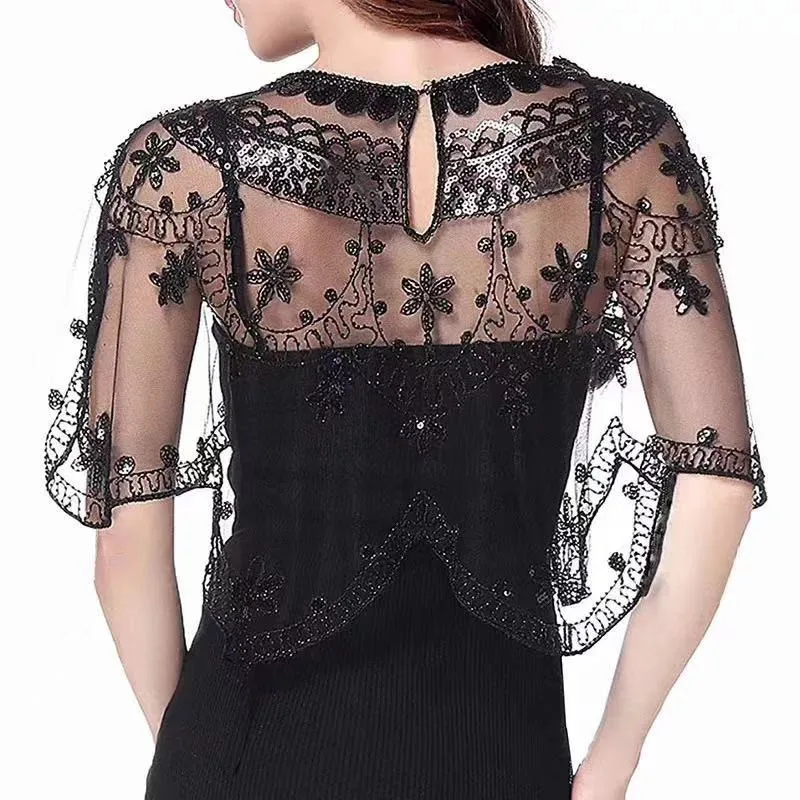 Elegant Baroque Sequin Embroidery Shawl - 1920s Flapper Party Cover Up - Solid Color & Breathable Mesh