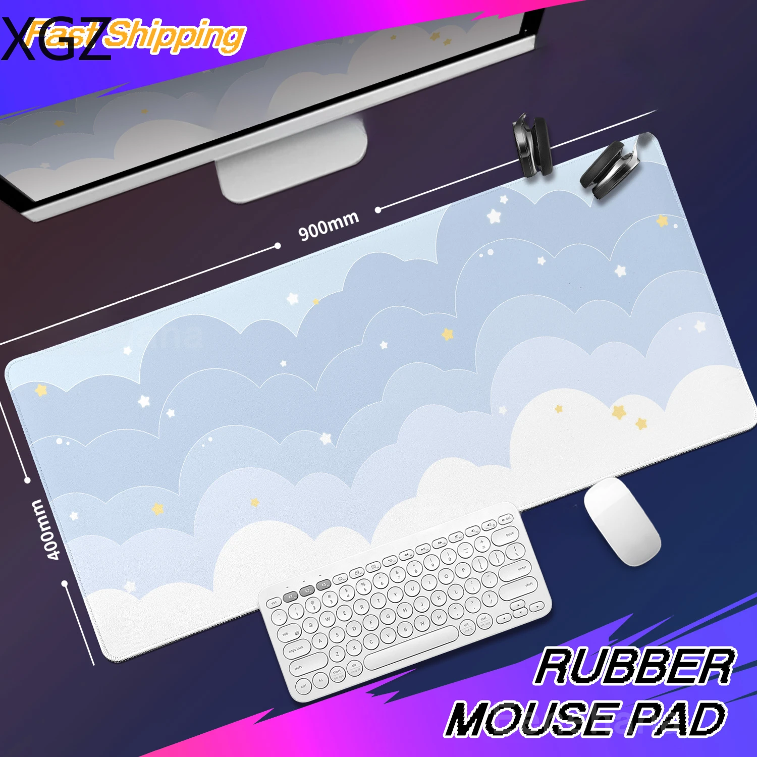 Cute kawaii light blue pink cloud purple mousepad non-slip gaming keyboard table mat XXL suitable for girls' office and home use