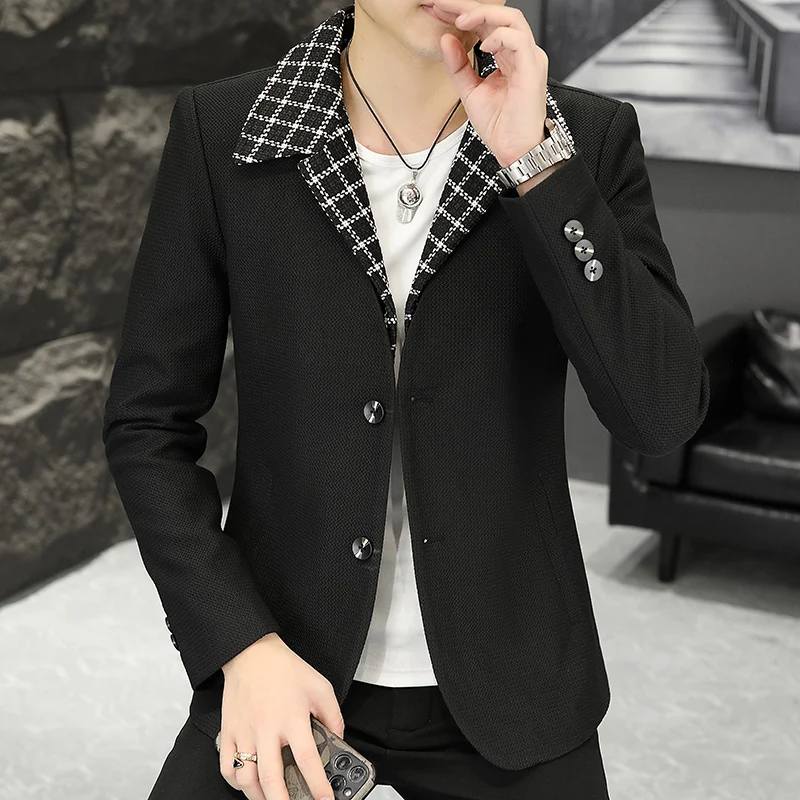 2023 Autumn Plaid Splice Lapel Suit Jacket Men Korean Fashion Slim Casual Business Blazer Masculino Wedding Social Dress Coats