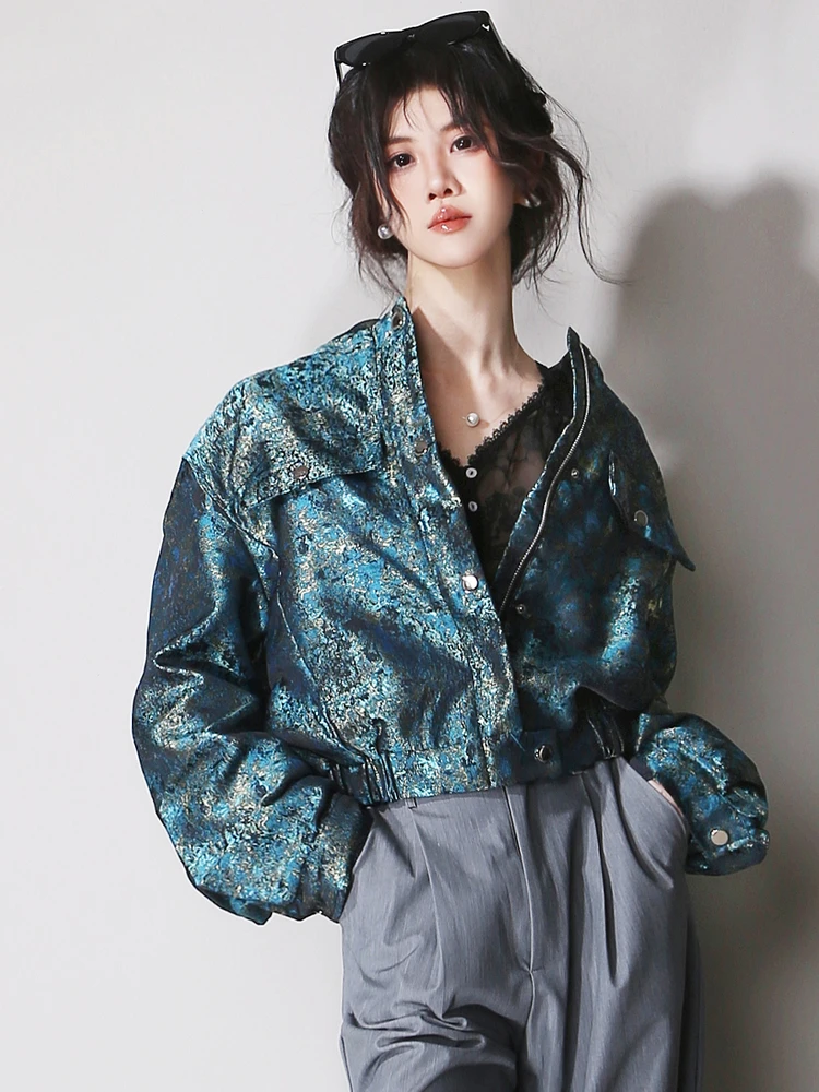 

Бейсбольная майка свободного кроя с высокой талией C5, уникальная верхняя одежда синего цвета с металлическим блеском и сенсацией для женщин