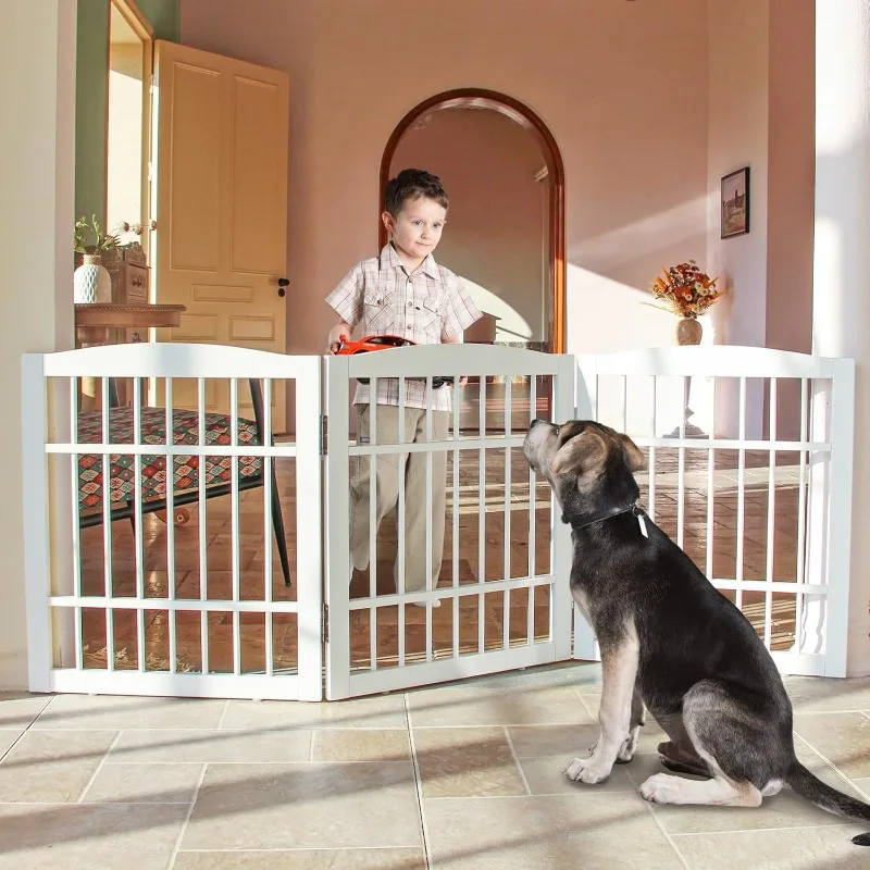 Foldable Freestanding Dog Gate for House Wood White Long Pet Gates Dog Fence for Stairs Puppy Gates for Hallways-3 Panels