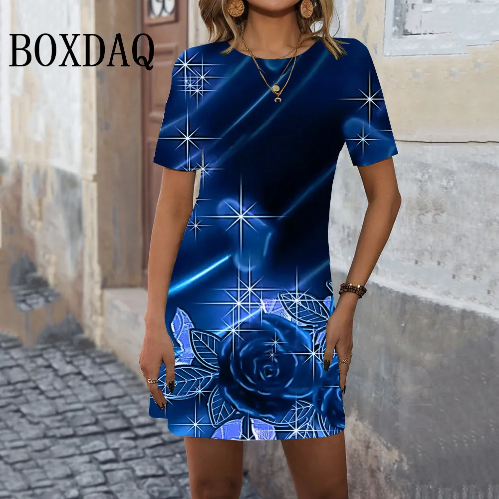 Shiny Women Blue Rose Flower Dresses Summer 3D Printed Mini Dress Casual Trend Fashion Short Sleeve Loose Ladies Dress Sundress