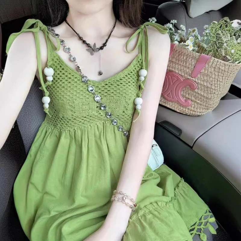 2025 Women's New Summer Suspender Dress Avocado Green Knitted Hollow Draped A-line Dress Fresh and Sweet Seaside Vacation Skirt