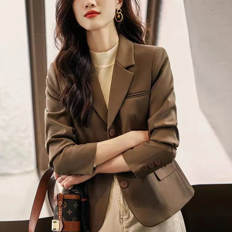 Imagem -03 - Blazer de Lapela Feminino com Bolsos Emendados Tops Casuais Roupas Soltas de Escritório Monocromático Combina com Tudo Nova Moda Outono 2023