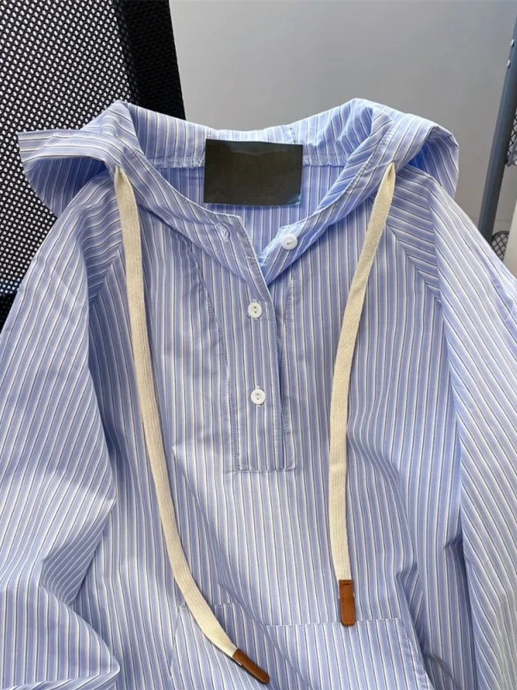 هودي نسائي فضفاض مخطط بأكمام طويلة، ملابس كاجوال للربيع والخريف، ملابس خارجية عصرية مريحة للتنقل، نمط كوري...