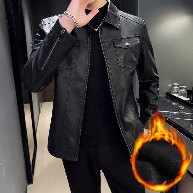 

Утепленные однотонные мотоциклетные куртки из искусственной кожи, мужские тонкие теплые мужские повседневные кардиганы, верхняя одежда, модное осенне-зимнее уличное пальто