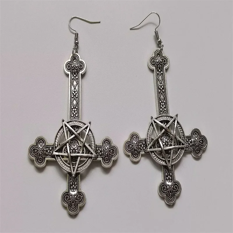 Large Upside Down Cross Earrings Inverted Pentagram Ornate Cross Pendant Vintage Gothic Satanic Pagan Wiccan Occult Jewelry