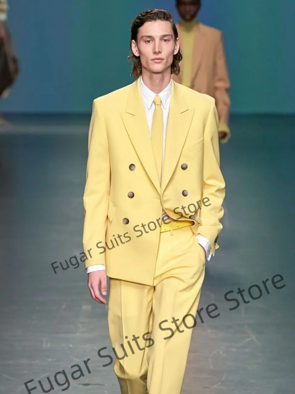 

Shiny Yellow Wedding Suits For Men Slim Fit Double Breasted Groom Formal Tuxedos 2 Pieces Sets Casual Male Blazer Ternos Masuino