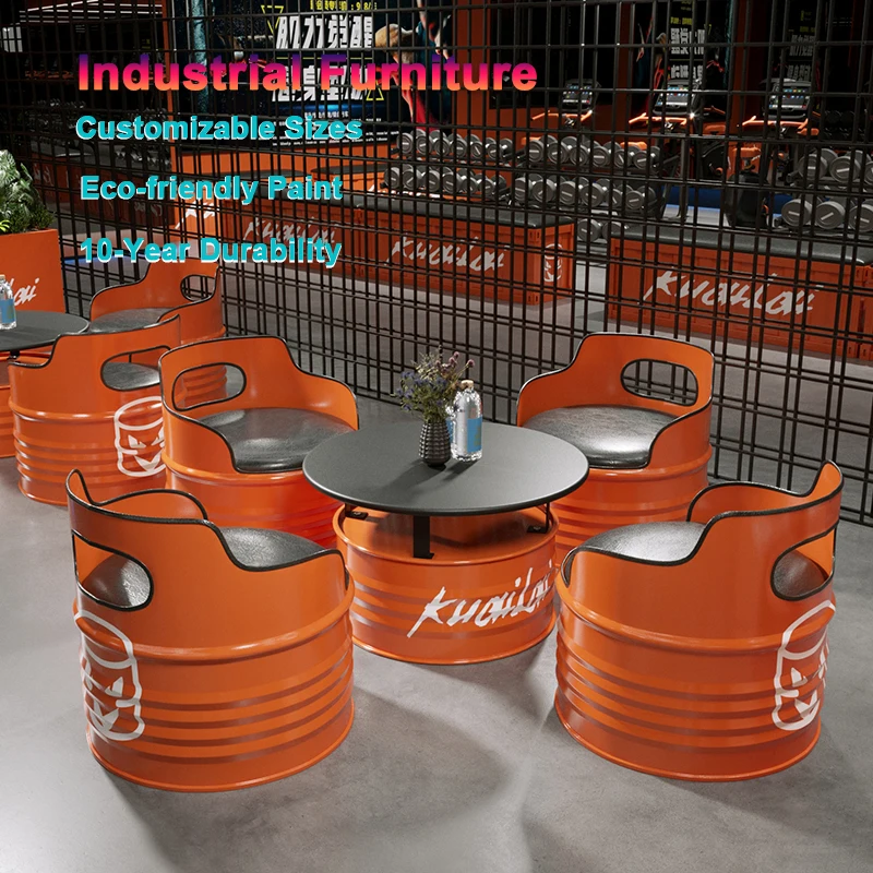 

Iron Art Retro Bar Furniture Industrial-Style Chair Table Combination Featuring Oil Drum Coffee Tea Card Holder Sofa Milk Tea